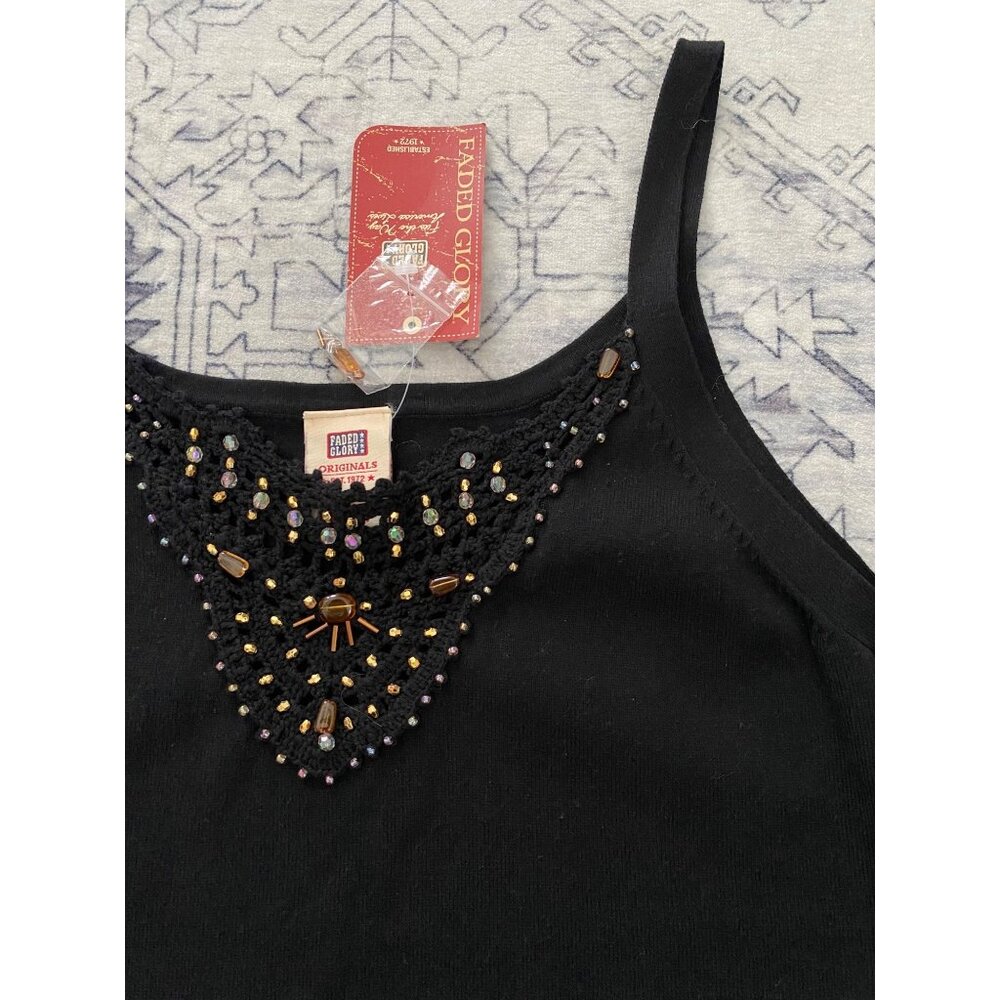 Vintage Faded Glory Black Beaded Embellished Crochet Tank Top Womens Size M 8/10